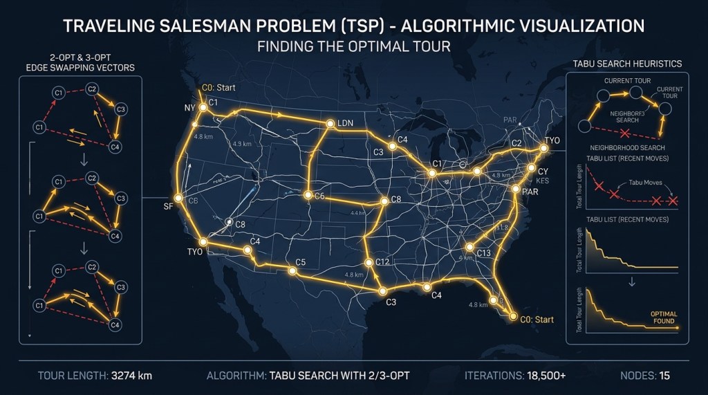 Traveling Salesman Problem route optimization comparison between 2-opt local search and Tabu search algorithms